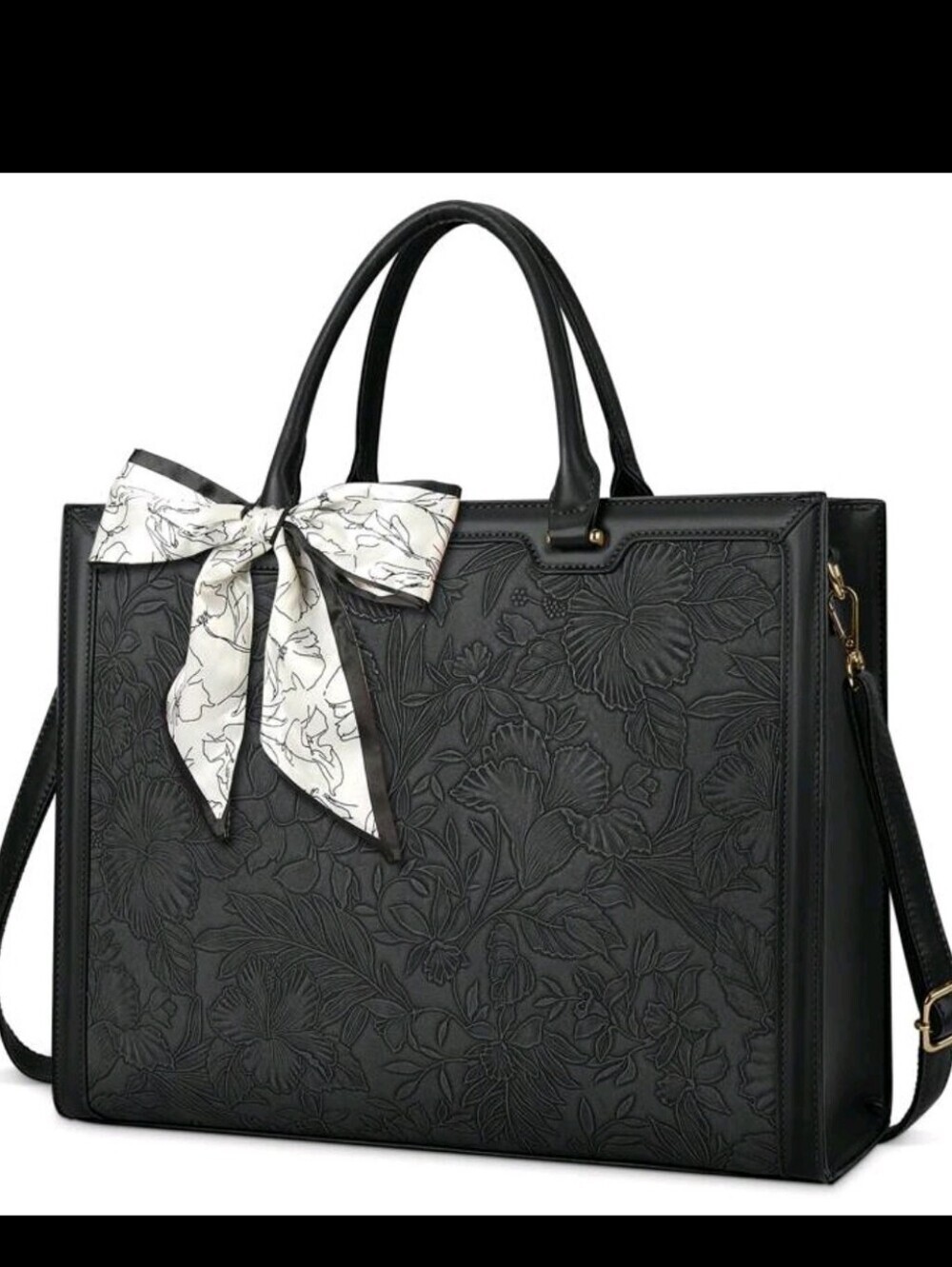 Black Floral Embossed Tote Bag with Bow Accent